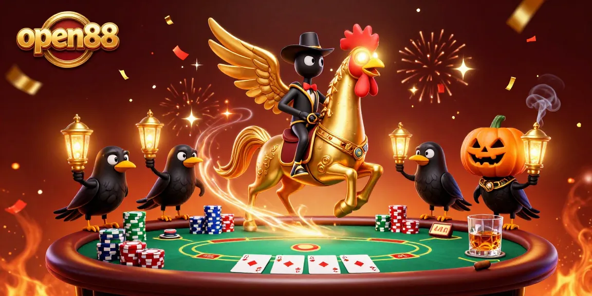 Experience open88's vibrant midnight casino scene featuring a unique golden rooster and dynamic poker elements.