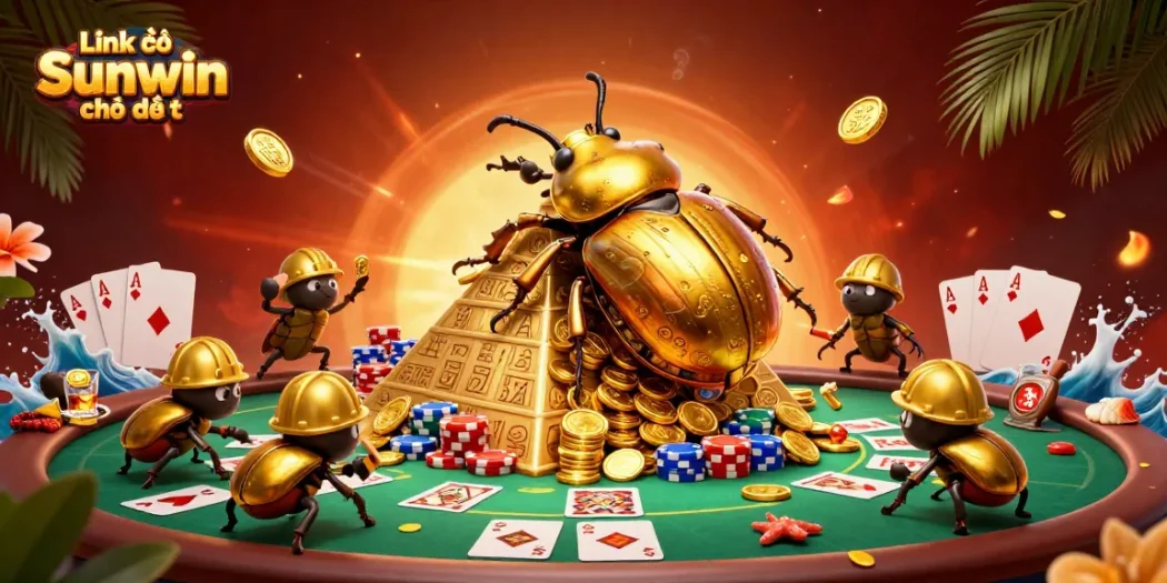 Engage with Link vào Sunwin chính thức featuring a golden beetle rolling coins among poker elements, highlighting exciting casino action.