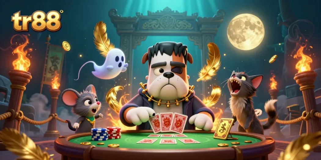 Experience thrilling gaming action at tr88, featuring a Frankenstein bulldog dealer and a ghost mouse.