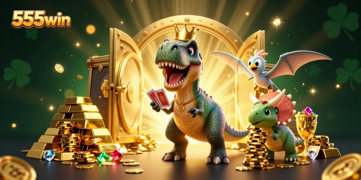 Engage in exciting gameplay with 555win, featuring dynamic T-Rex and treasure elements.