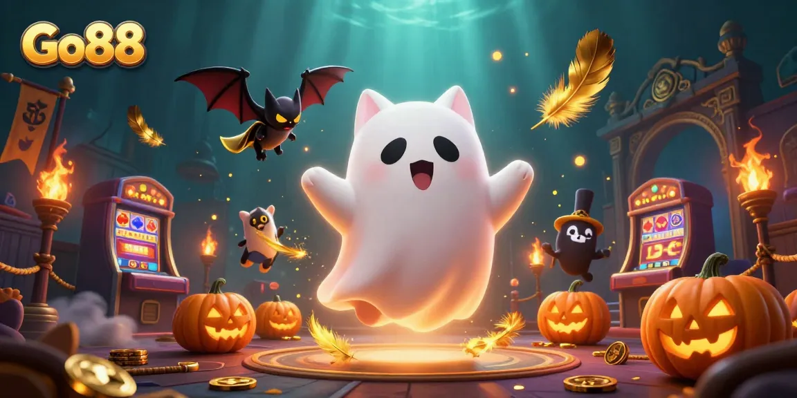 Experience the thrilling world of Go88 with a ghost cat and vampire bat in a vibrant, haunted casino setting.