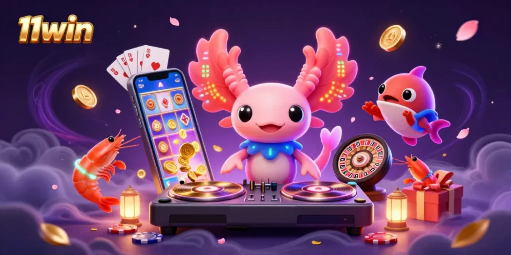 Engage in the vibrant world of 11win as the axolotl DJ spins winning slot reels amidst a lively underwater party.