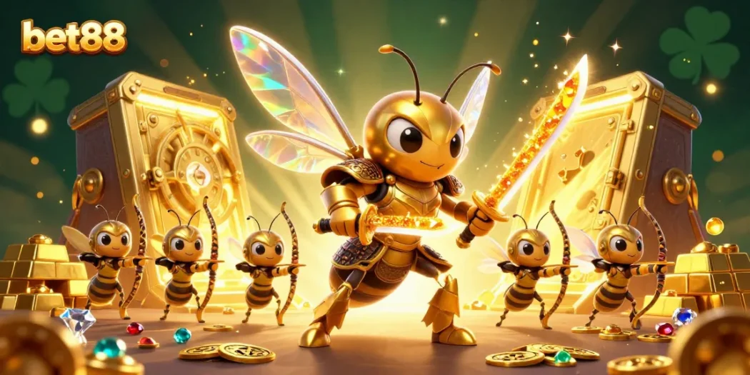 Experience the excitement of bet88 with a samurai hornet leading a treasure hunt in a dazzling casino setting.