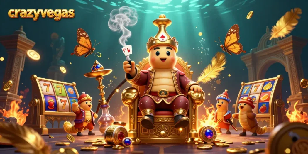 Experience the excitement of crazyvegas with a whimsical 3D scene featuring a hookah-master and slot elements.